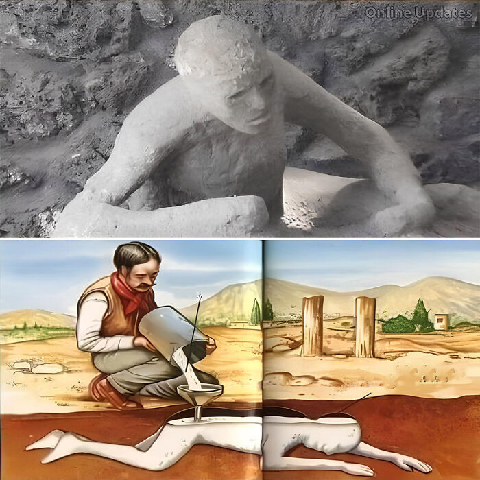Absurd scientific depictions showing plaster cast from Pompeii and surreal art of man pouring liquid on a body in desert.