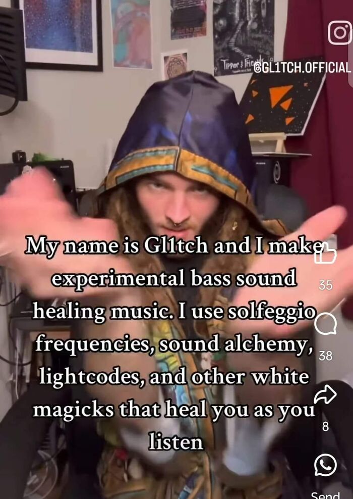 Person wearing a hooded jacket explaining experimental bass sound healing music using solfeggio frequencies and sound alchemy.