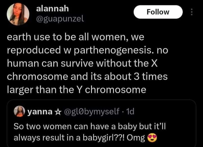 Screenshot of a Twitter exchange discussing absurd scientific takes on chromosomes and human reproduction.