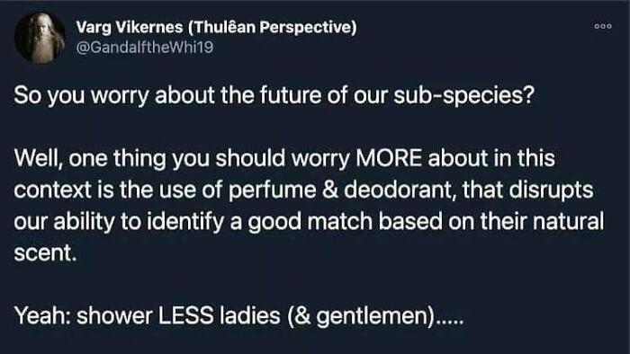 Social media post discussing perfume use disrupting natural scent, reflecting absurd scientific takes about modern society behavior.