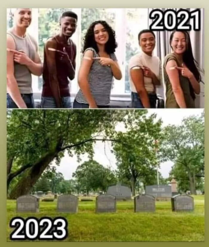 Group of diverse young adults smiling and pointing at their vaccination arms in 2021 versus a 2023 graveyard scene.