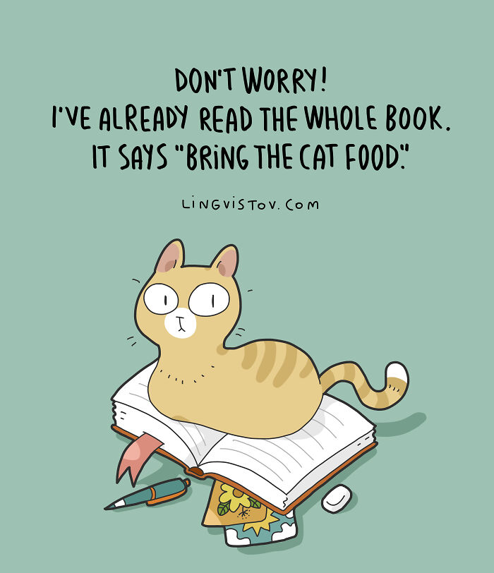 Cartoon cat sitting on open book with text about cat food in a fun comic relatable for cat owners.