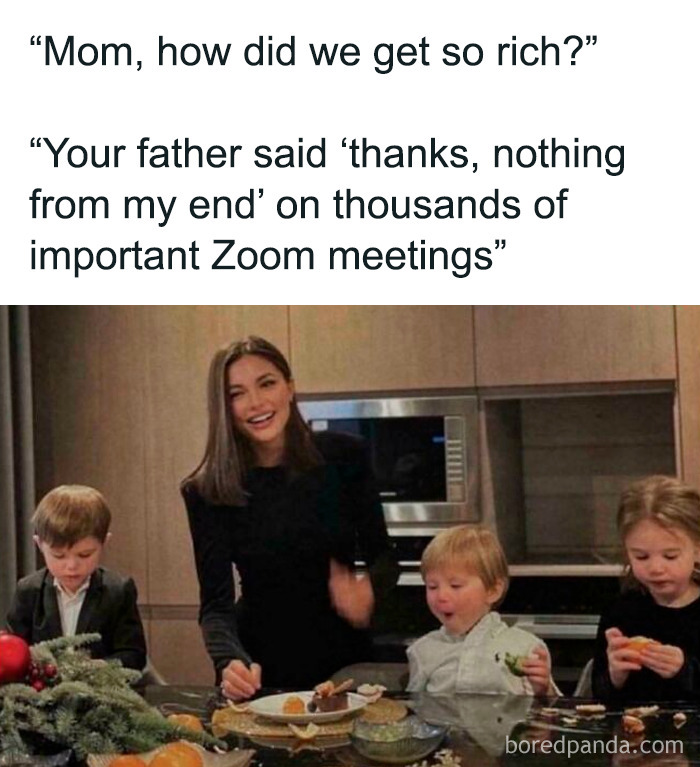 Mother and three children in a kitchen, highlighting the nightmare of working in 2025 with endless Zoom meetings.