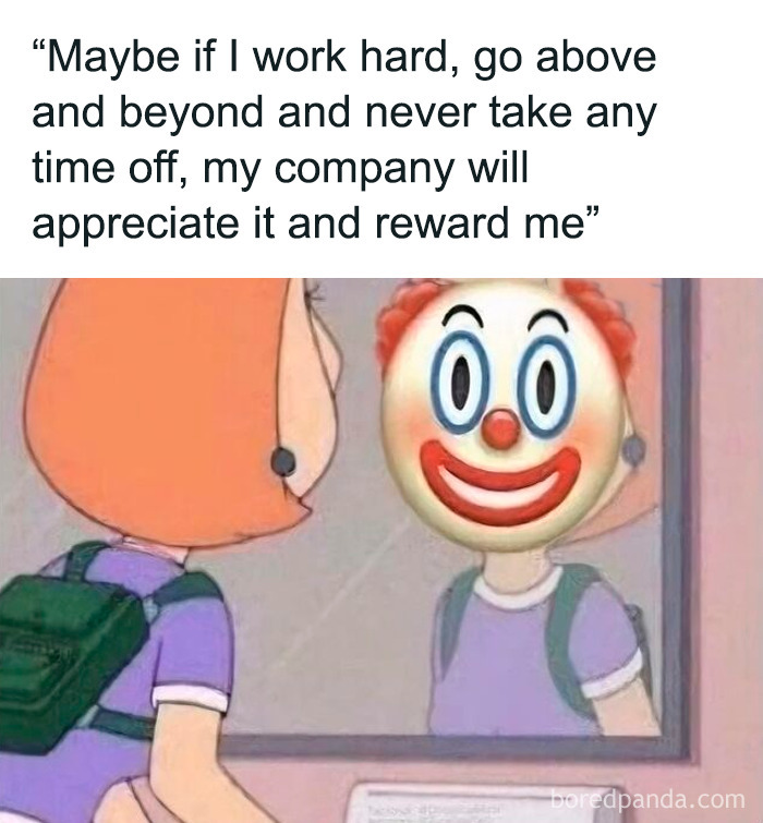 Person looking in mirror with clown face reflecting, illustrating a nightmare part of working in 2025.