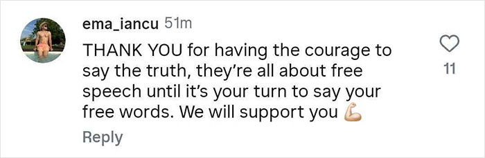 Comment from user ema_iancu praising courage to speak truth about free speech, supporting Amanda Seyfried aggressively slammed for calling Charlie Kirk hateful. Comment from user ema_iancu praising courage to speak truth about free speech, supporting Amanda Seyfried aggressively slammed for calling Charlie Kirk hateful.