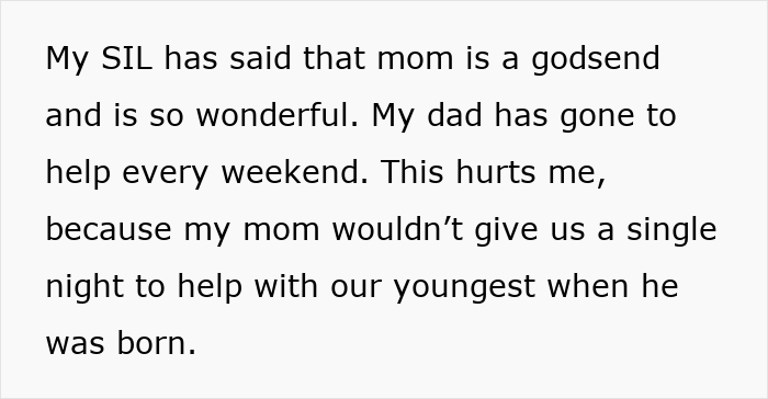 Text excerpt describing difficult family dynamics where parents made son raise younger siblings, causing lasting hurt.