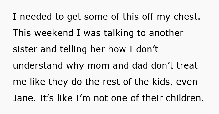 Text message about feeling unfairly treated by parents after raising younger siblings, expressing emotional struggle and confusion.
