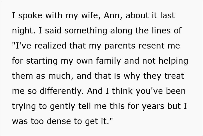 Text message discussing feelings about parents resenting him for not helping raise siblings and treating him differently.