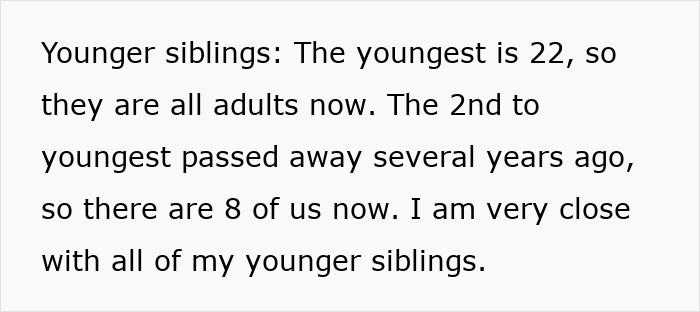 Text on a digital screen describing a person raising seven younger siblings and now all siblings are adults.
