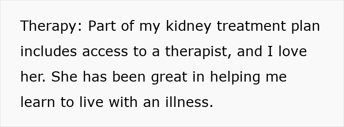 Text describing therapy as part of kidney treatment plan highlighting support from therapist managing illness challenges