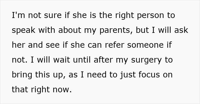 Text message discussing uncertainty about speaking with parents and focusing on recovery after surgery.