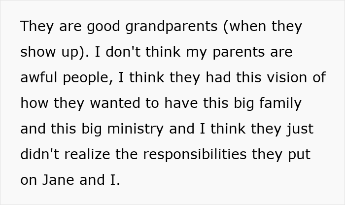 Text about parents making their son raise his seven younger siblings and the responsibilities involved in a big family.