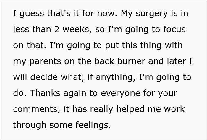 Text message discussing focusing on upcoming surgery and dealing with complex feelings about parents after raising seven younger siblings.