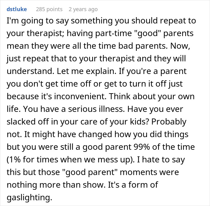 Screenshot of a Reddit comment discussing challenges of parenting and the concept of good versus bad parents.