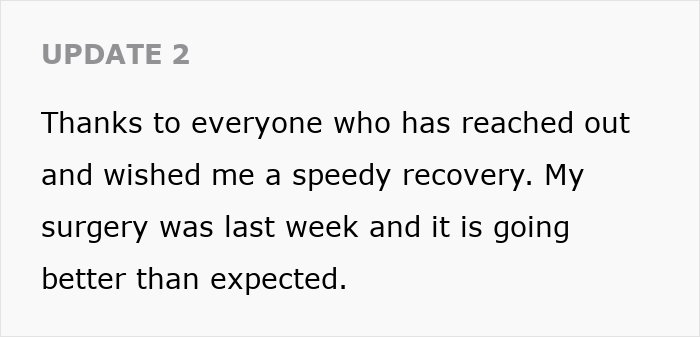 Update message expressing gratitude for support and sharing recovery progress after surgery in a personal update post.