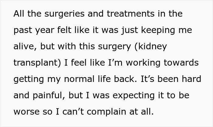 Text about feeling hopeful after kidney transplant surgery, reflecting on hardship and recovery in family caregiving situation.