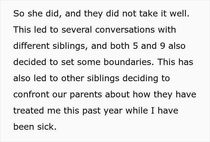 Text about siblings setting boundaries and confronting parents after son raised 7 younger siblings and was turned against.