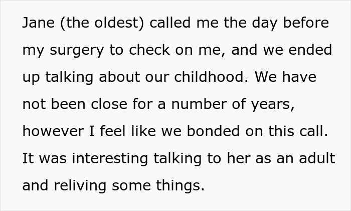 Text message describing a sibling call, reflecting on childhood after parents made son raise his younger siblings.