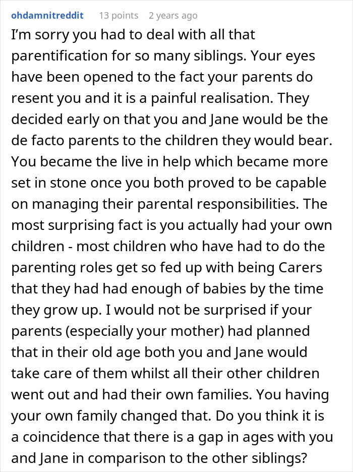 Reddit user empathizes with someone who raised seven younger siblings due to parentification and faced parental resentment.