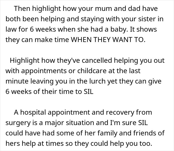 Text excerpt discussing parents prioritizing helping sister-in-law over supporting son during important appointments, highlighting family tensions.