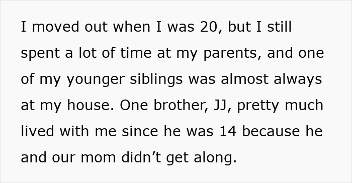 Text overlay on a white background describing a personal story of raising younger siblings and family conflicts as an adult.