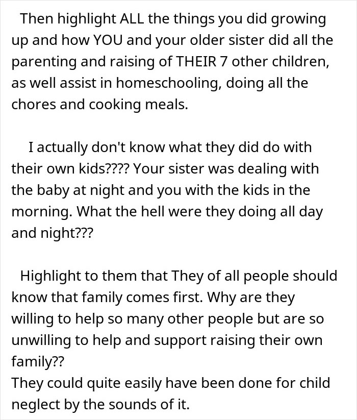 Text excerpt discussing a son and sister raising 7 younger siblings and questioning parental neglect and family support.