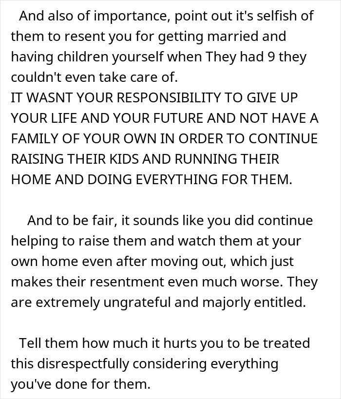 Text discussing the selfishness of parents who made their son raise siblings and their resentment towards him as an adult.