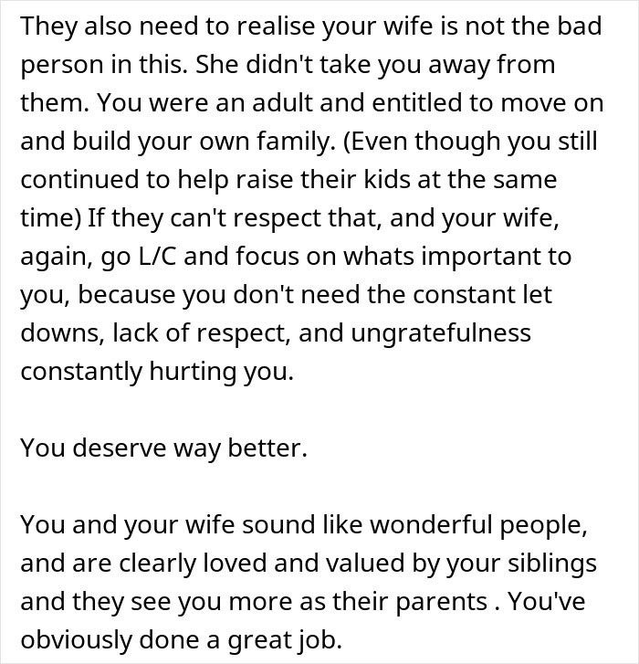 Text excerpt discussing challenges faced by adult son raising seven younger siblings and family respect issues.