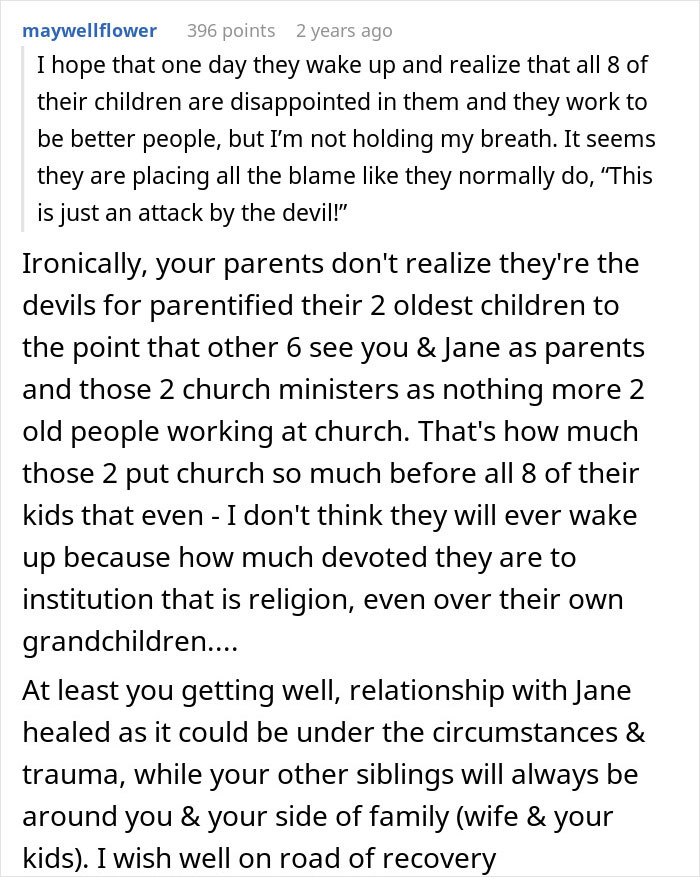 Comment discussing parents who made son raise siblings, highlighting parentification and family conflict in adulthood recovery.