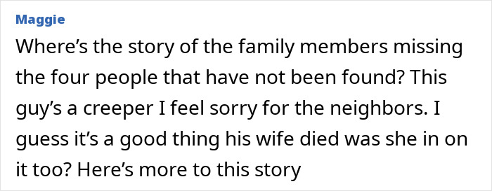 ALT text: Comment discussing missing family members and disturbing acts by pastor's son holding four adults captive in basement.