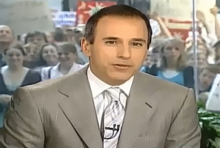Male news anchor in a gray suit reporting live with a crowd behind him, illustrating people who ruined their lives quickly.