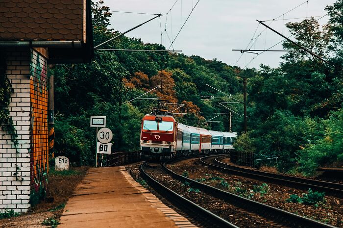 Train moving on curved tracks surrounded by trees, illustrating the concept of companies sabotaging their own products.