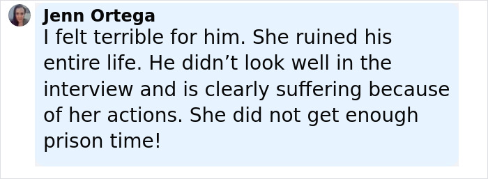 Comment from Jenn Ortega expressing sympathy for a dad devastated by wife's secret bullying of their daughter.