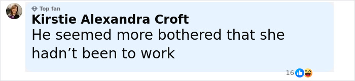 Comment from Kirstie Alexandra Croft expressing concern about someone not going to work, highlighting emotional reaction to family bullying.