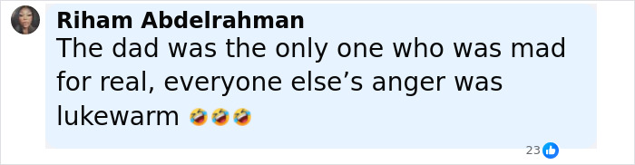 Comment by Riham Abdelrahman highlighting the dad's genuine anger compared to others' lukewarm reactions about bullying revelation.