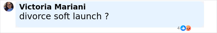 Comment by Victoria Mariani asking about a divorce soft launch on a social media post regarding Barack Obama. Comment by Victoria Mariani asking about a divorce soft launch on a social media post regarding Barack Obama.