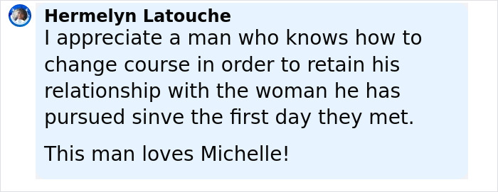 Comment from Hermelyn Latouche praising a man’s effort to maintain his relationship with his wife after presidency challenges. Comment from Hermelyn Latouche praising a man’s effort to maintain his relationship with his wife after presidency challenges.