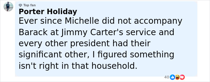 Comment by Porter Holiday discussing Barack Obama and Michelle’s relationship struggles after presidency. Comment by Porter Holiday discussing Barack Obama and Michelle’s relationship struggles after presidency.