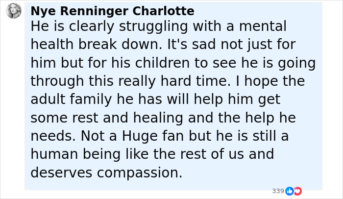 Comment expressing concern over Kanye West&rsquo;s mental health and impact on his daughter North amid public betrayal list.