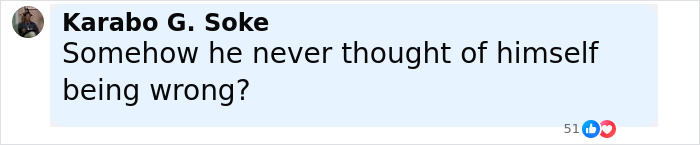 Comment by Karabo G. Soke questioning Kanye West's perspective, with 51 reactions showing fan disgust over betrayal list mention.