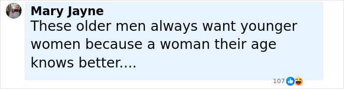 Comment by Mary Jayne discussing older men preferring younger women, relevant to Sacha Baron Cohen and 27YO adult star. Comment by Mary Jayne discussing older men preferring younger women, relevant to Sacha Baron Cohen and 27YO adult star.