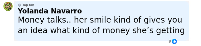 Comment by Yolanda Navarro praising a woman's smile hinting at wealth after Sacha Baron Cohen's divorce news. Comment by Yolanda Navarro praising a woman's smile hinting at wealth after Sacha Baron Cohen's divorce news.