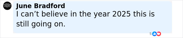 Comment by June Bradford expressing disbelief that an issue persists in the year 2025, related to Miss America backlash.