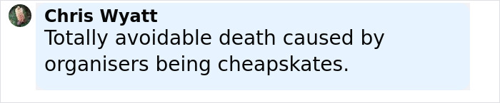 Comment by Chris Wyatt expressing opinion on a trapeze artist death caused by organizer negligence.