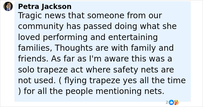 Comment from Petra Jackson about trapeze artist tragedy, mentioning solo trapeze act and lack of safety nets during circus stunt.