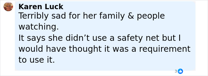 Comment expressing sadness for the trapeze artist&rsquo;s family and concerns about the lack of a safety net during the circus stunt.