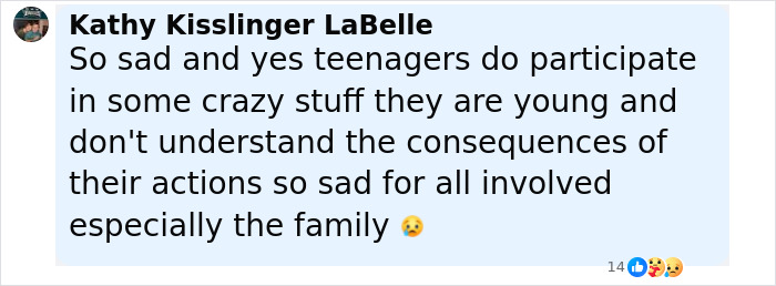 Comment expressing sadness about teenagers participating in risky viral TikTok trend causing catastrophic injuries.