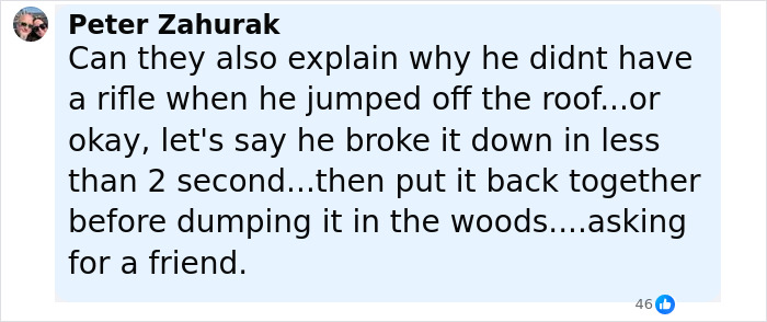 Screenshot of a social media comment questioning the timeline and presence of a rifle in the Tyler Robinson Charlie Kirk assassination case.