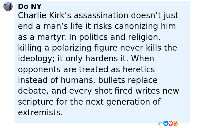 Comment text discussing Charlie Kirk assassination and its impact on ideology and extremism on a social media post.