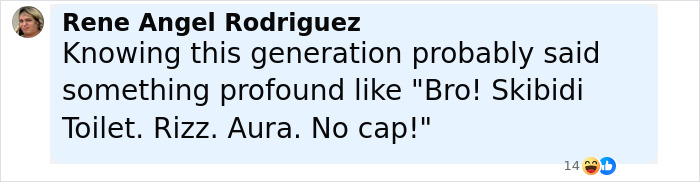 Screenshot of a social media comment discussing generational slang with phrases like Rizz and No cap.